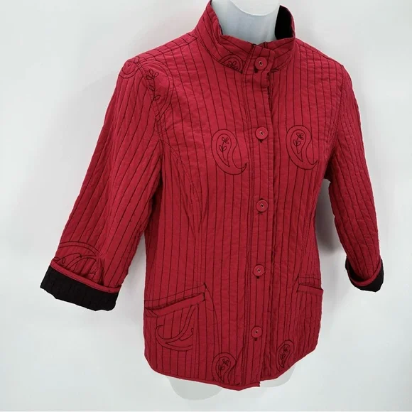 Chicos Jacket Womens 0 US Sz S 4 Red Paisley Quilted Cotton Buttons READ - Picture 2 of 11